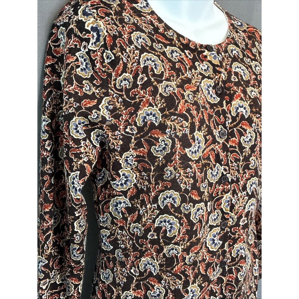 Garnet Hill Merino Wool Cardigan Sweater Small Brown Autumn Floral Luxury Preppy - Picture 10 of 12